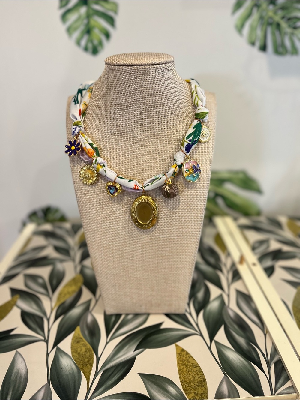 Floral Multicolor Charm Necklace with Gold Medallion